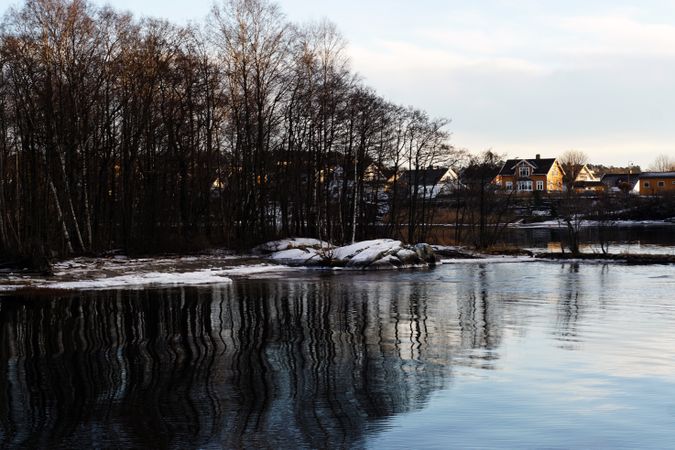 Town at snowy river side and bare trees reflecting in still water