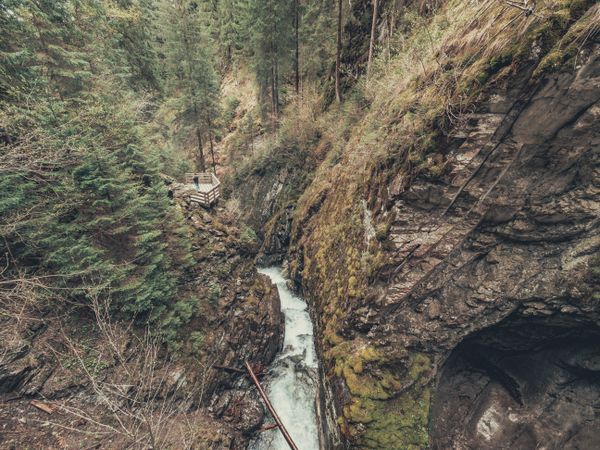 Traveller admiring picturesque view of mountain stream