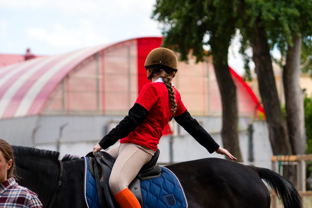 Equestrian practices balance on horse during riding lesson.