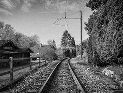 Train tracks next to flea market shack
