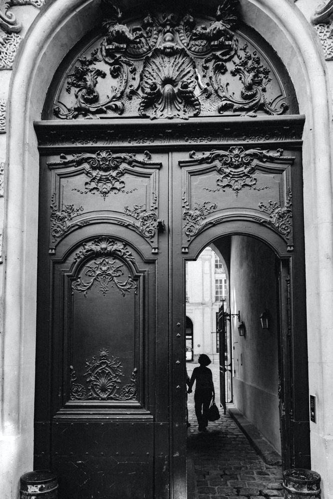 Grayscale photo of an open dark gate in Lumiere, Paris, France