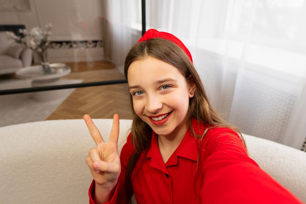 Teen girl taking selfie, smiling and making peace sign.