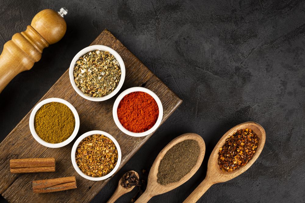 Variety of spices and seasonings on the table.