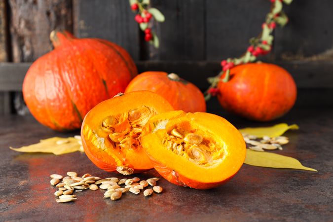 Cooking ingredients for fall season - pumpkin seeds, pumpkin