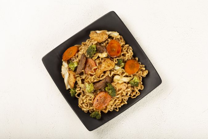 Yakisoba noodles. Yakisoba dish with meat, chicken and vegetables.