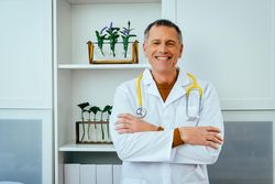 Confident mature doctor standing in office with arms crossed and smiling