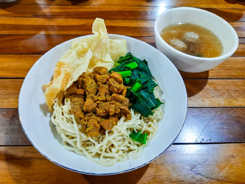 chicken noodle meatball or mie ayam bakso. popular street food in Indonesia