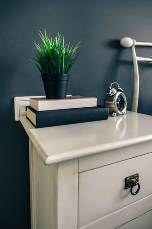 Bedside table with books and plant