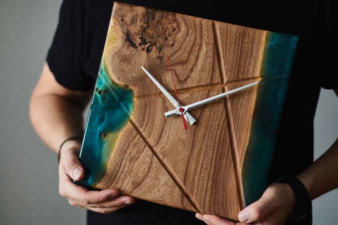 Wooden Resin Clock in Hands