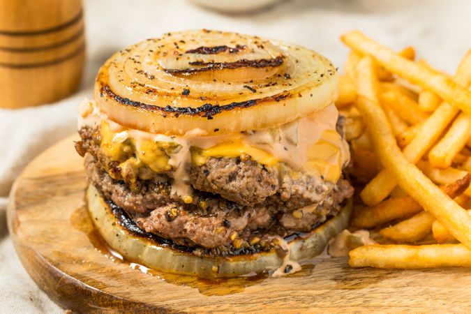 Homemade Flying Dutchman Cheeseburger with an Onion Bun