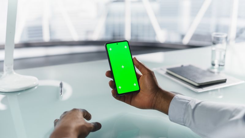 Businessman Holding a Smartphone with Mock Up Green Screen Chromakey Display with Motion Tracker Placeholders. Anonymous Man Sitting Behind a Desk in a Modern Office, Looking at the Phone Screen