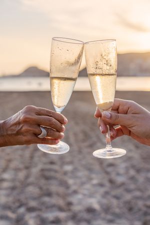 Crop women clinking wineglasses on beach during sunset
