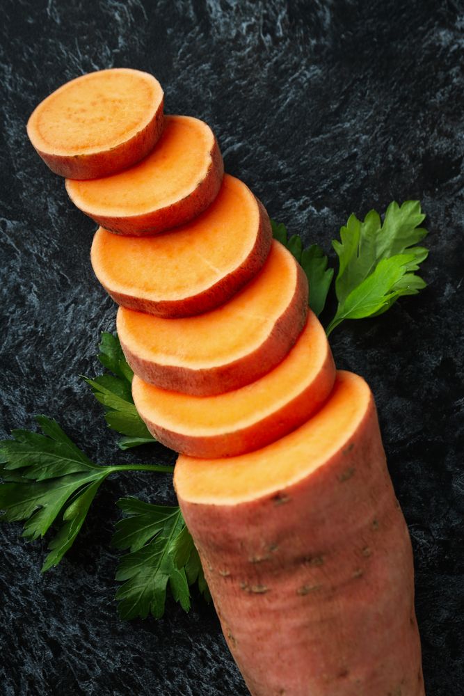 Concept of vegetables, sweet potato, top view