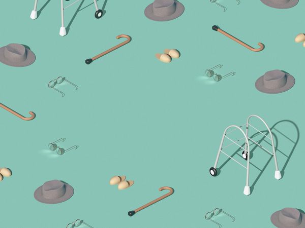 Pattern made with everyday medical objects of elderly people, cane walker, glasses, slippers