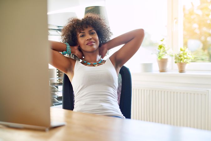 Black woman relaxing in her home office