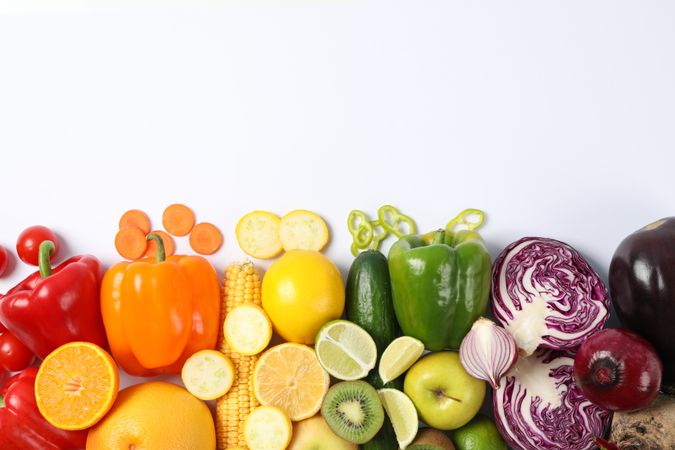 Different vegetables and fruits on blank background, copy space