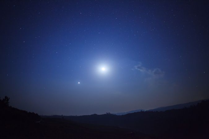 Night nature background, cloudy sky with stars and moon light