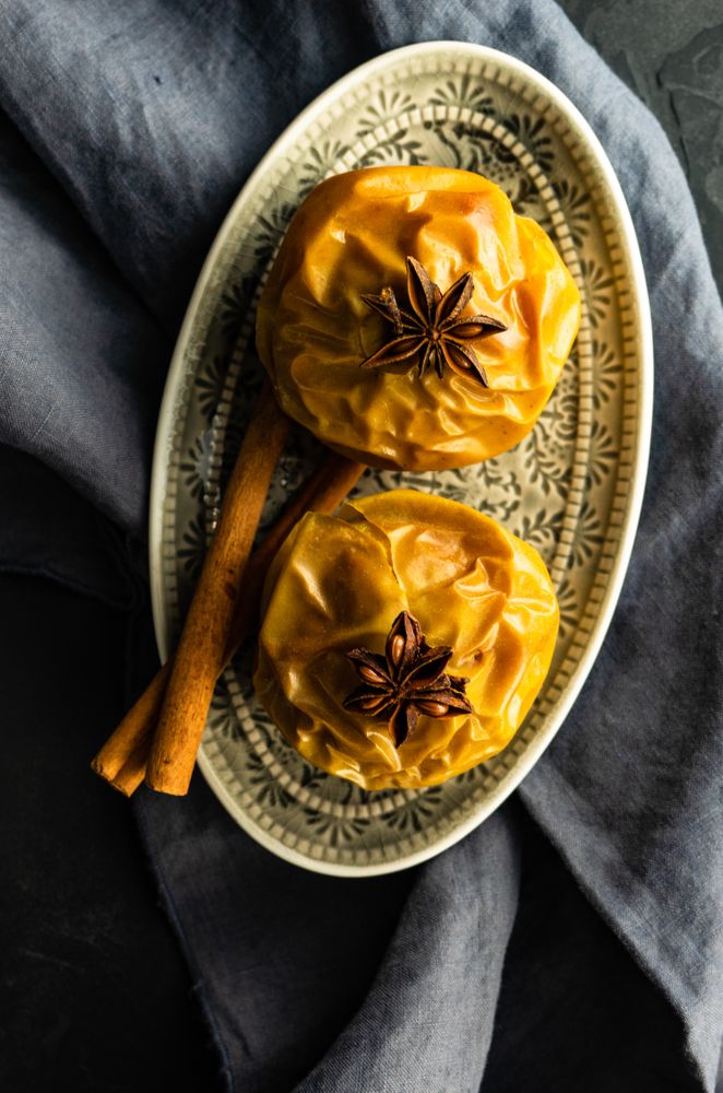 Top view of two baked apples