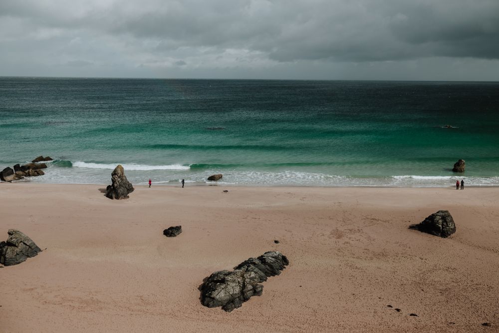 Sandy beach under overcast sky in Scotland