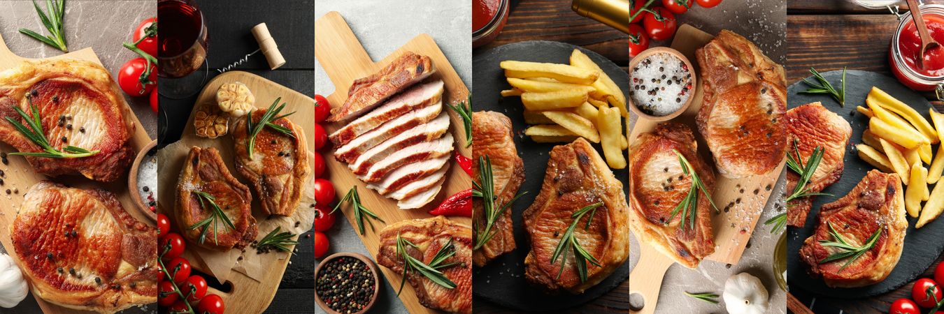 Food collage of tasty grilled steaks, top view