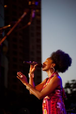 Los Angeles, CA, USA - July 12, 2012: Side view of Nailah Porter singing