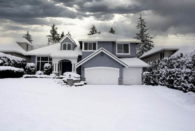 Winter home after snow storm in pacific northwest of US