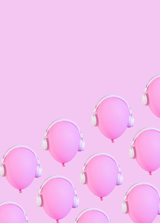 Pattern of pink balloons wearing headphones on pink background