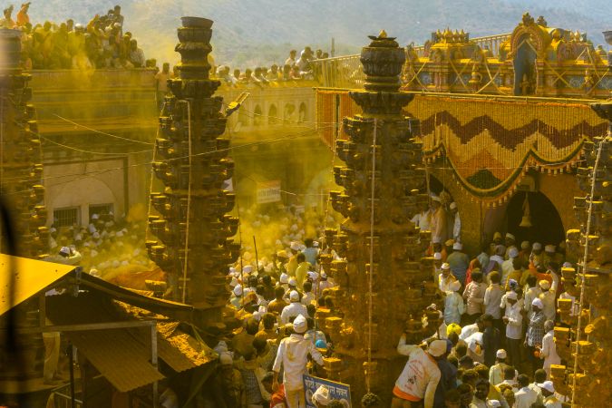 Jejuri, Maharashtra, India - Dec 30, 2024: Palkhi of Lord Khandoba at the famous and beautiful Khandoba temple at Jejuri during the festival of Somvati Amavasya