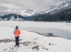 Unrecognizable person standing in snow surrounded by forest and mountains