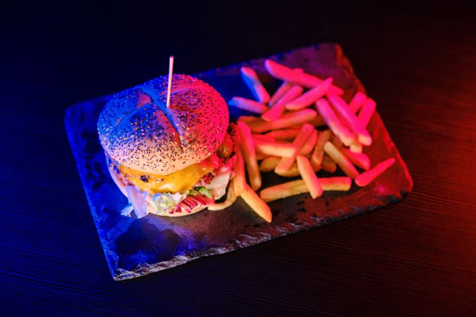 Delicious hamburger and fried potato on board