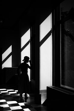 Silhouette of a girl in a room in grayscale