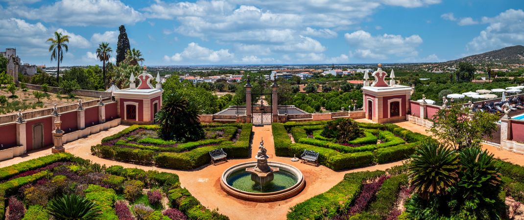 High resolution wide panoramic view of Garden of the Palace of Estoi