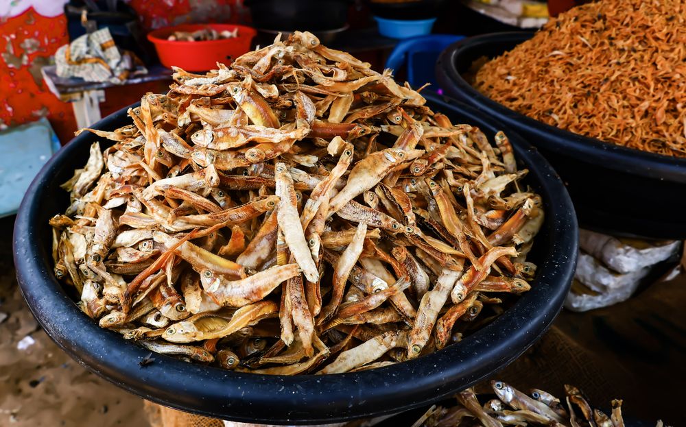 Assorted Dried Fish and Spices at Local Market Stall