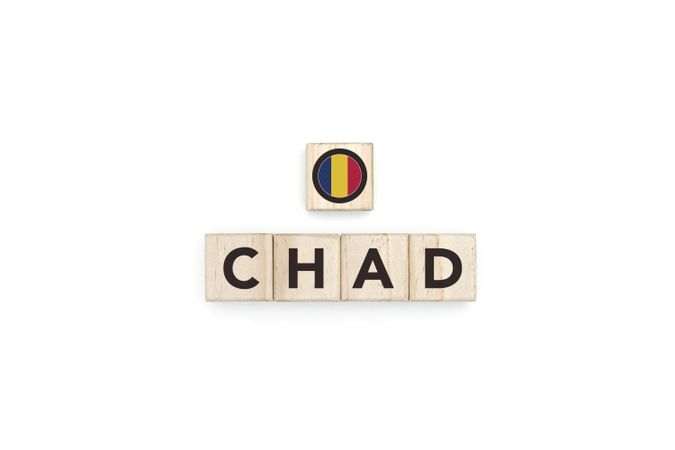 Wooden blocks bearing the name and flag of Chad.