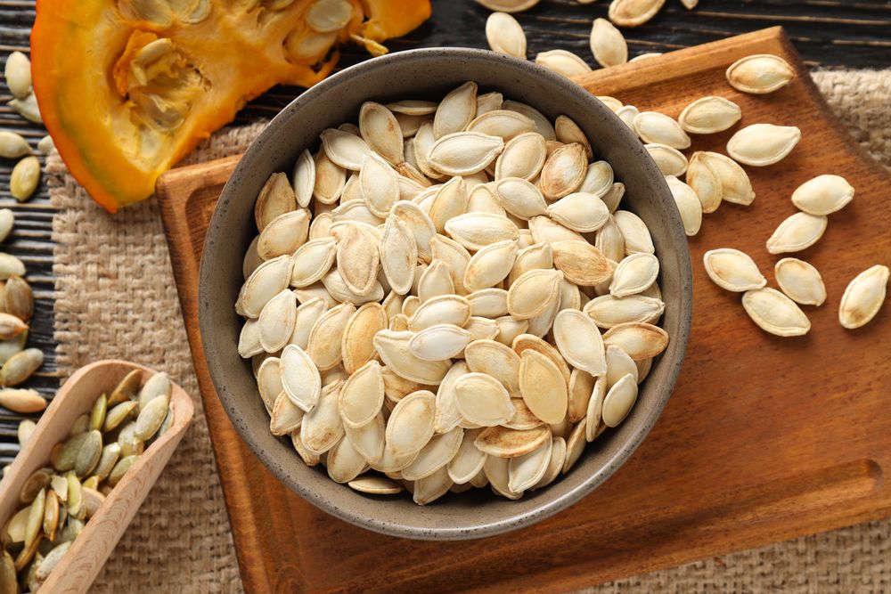 Concept of Autumn vibe food, Pumpkin, Pumpkin seeds