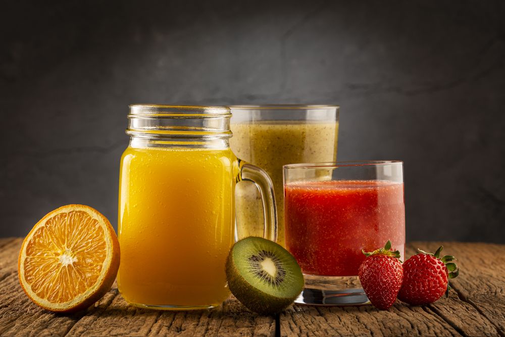 Variety of fruit juices. Fruit smoothies.
