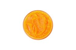 Bowl with healthy baby food isolated on plain background