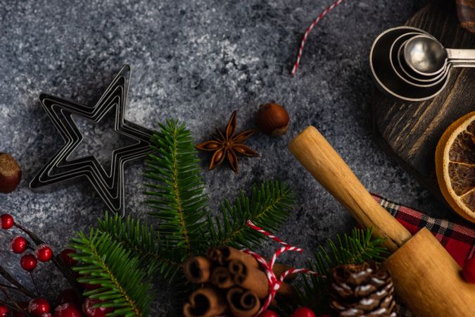 Christmas baking spices and equipment on counter