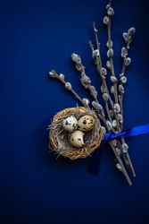 Easter card concept with eggs in nest in pussy willow