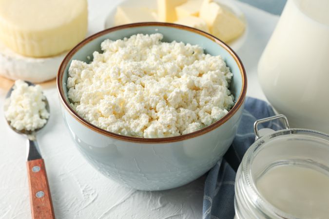 Different dairy products on background, close up
