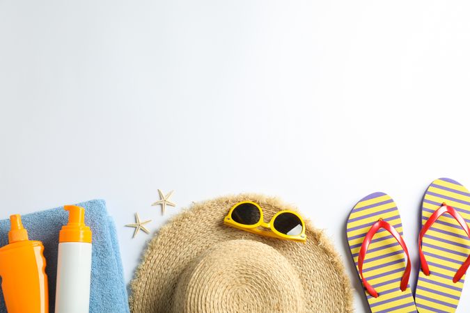Summer vacation composition on color background. Space for text, top view