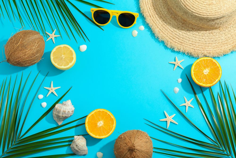 Summer vacation composition on color background. Space for text, top view