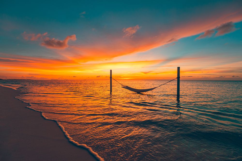 Hammock over the ocean at sunset