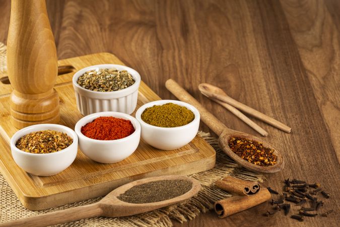 Variety of spices and seasonings on the table.
