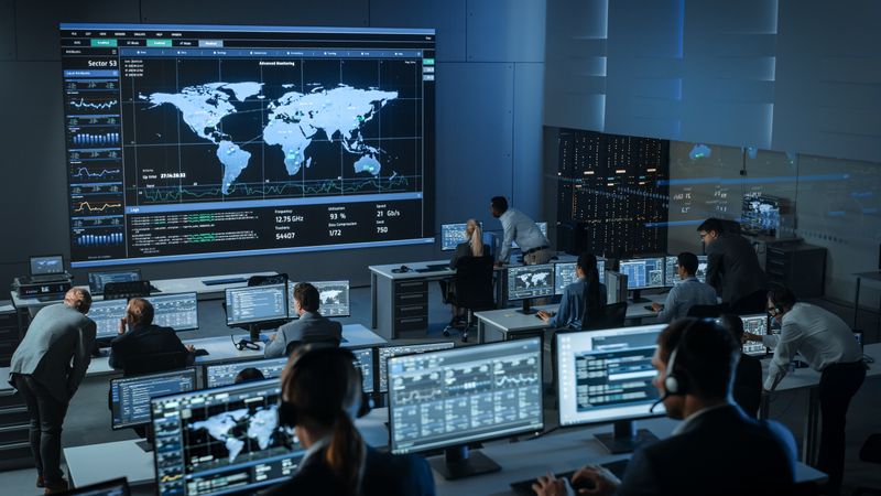 Global Monitoring Center With Diverse Team Analyzing Worldwide Data.