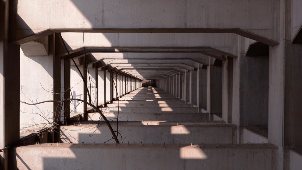 Interior perspective of a gray building