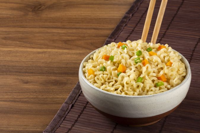 Bowl with instant noodles on the table.