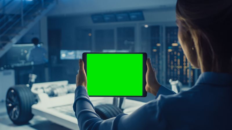 Female Engineer Holds a Tablet Computer with Green Screen Mock Up and Looks at Electric Car Chassis Prototype with Wheels, Batteries and Engine Standing in a High Tech Development Laboratory.