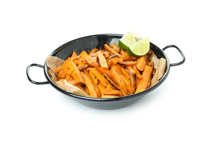 Fried sweet potato, isolated on light background