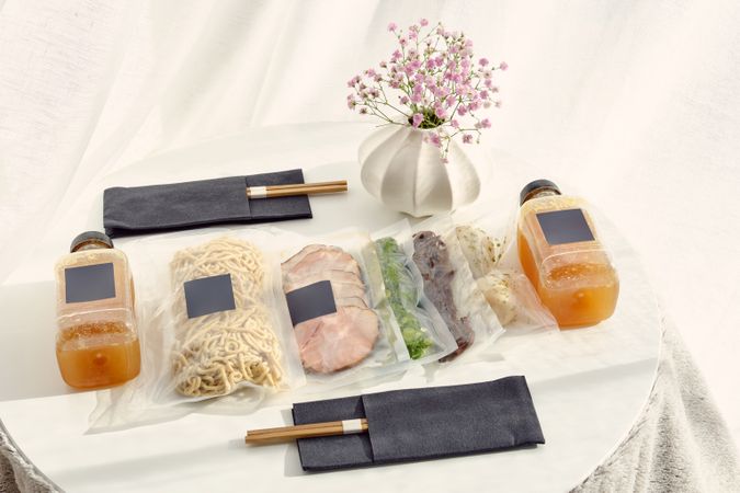 Set of ramen soup ingredients in vacuum bags